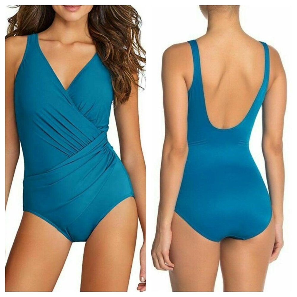 Miraclesuit Oceanus One Piece Swimsuit Peacock Blue Surplice Womens 16